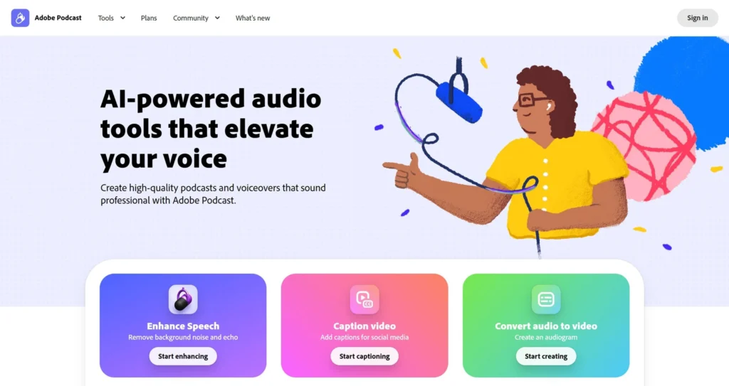 Начальная страница онлайн сервиса Adobe Podcast