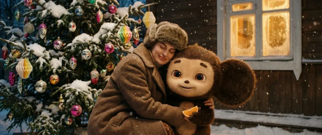 Фото с Чебурашкой ии у новогодней елки