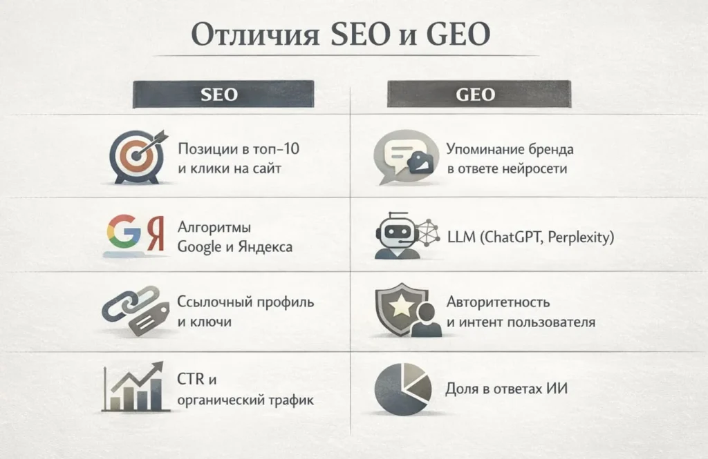 Сравнительная таблица отличие SEO и GEO