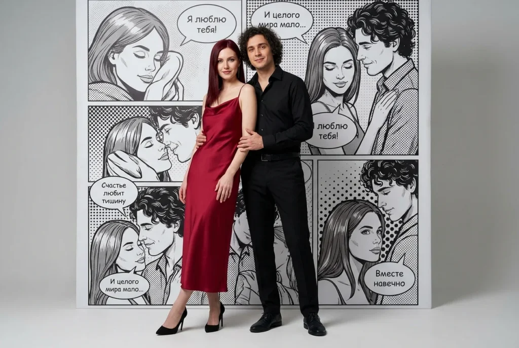 Парное фото на фоне вашего ИИ комикса