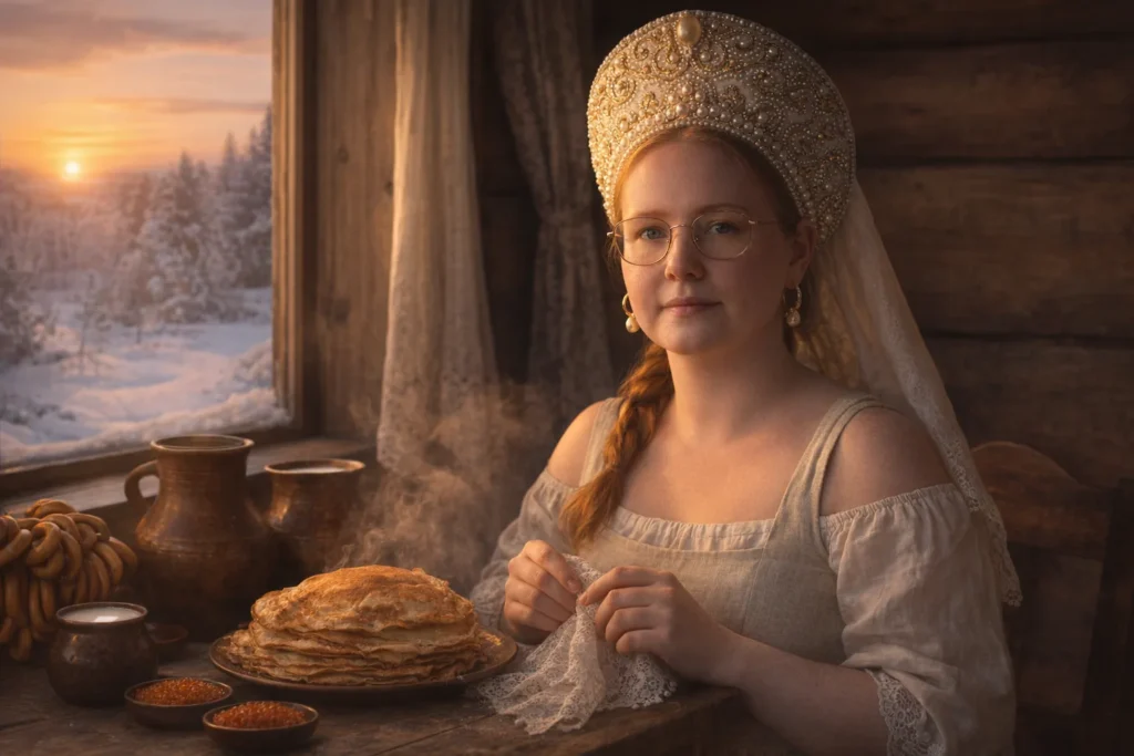 Портретная фотосессия в кокошнике у окна с блинами