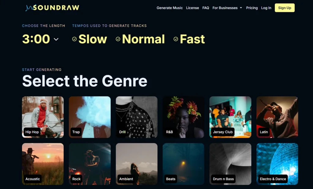 Выбор музыкального жанра в Soundraw.io — AI-платформа для создания музыки