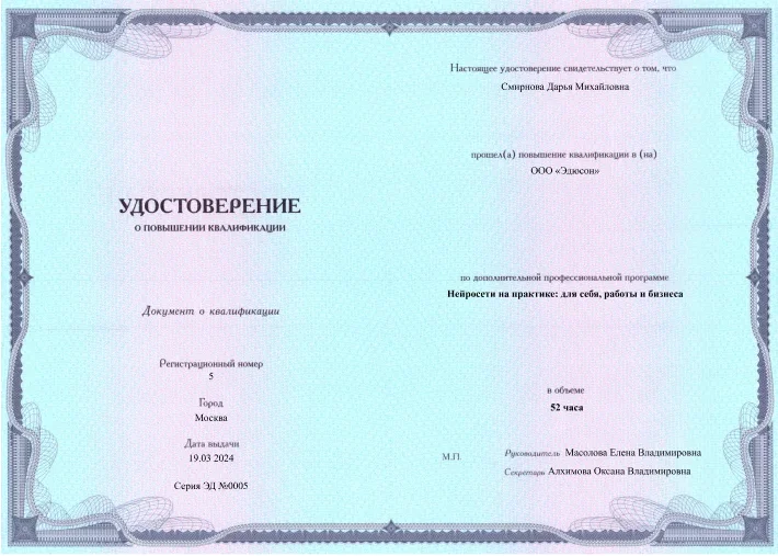 Документ о повышении квалификации после курса Нейросети на практике